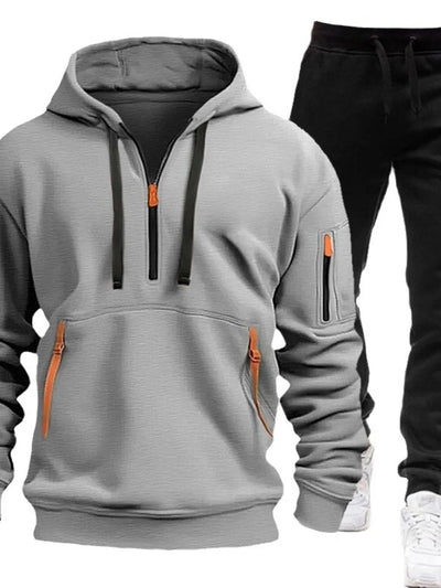 Front view of Men's Drawstring Half Zip Hoodie and Pants Set in Gray