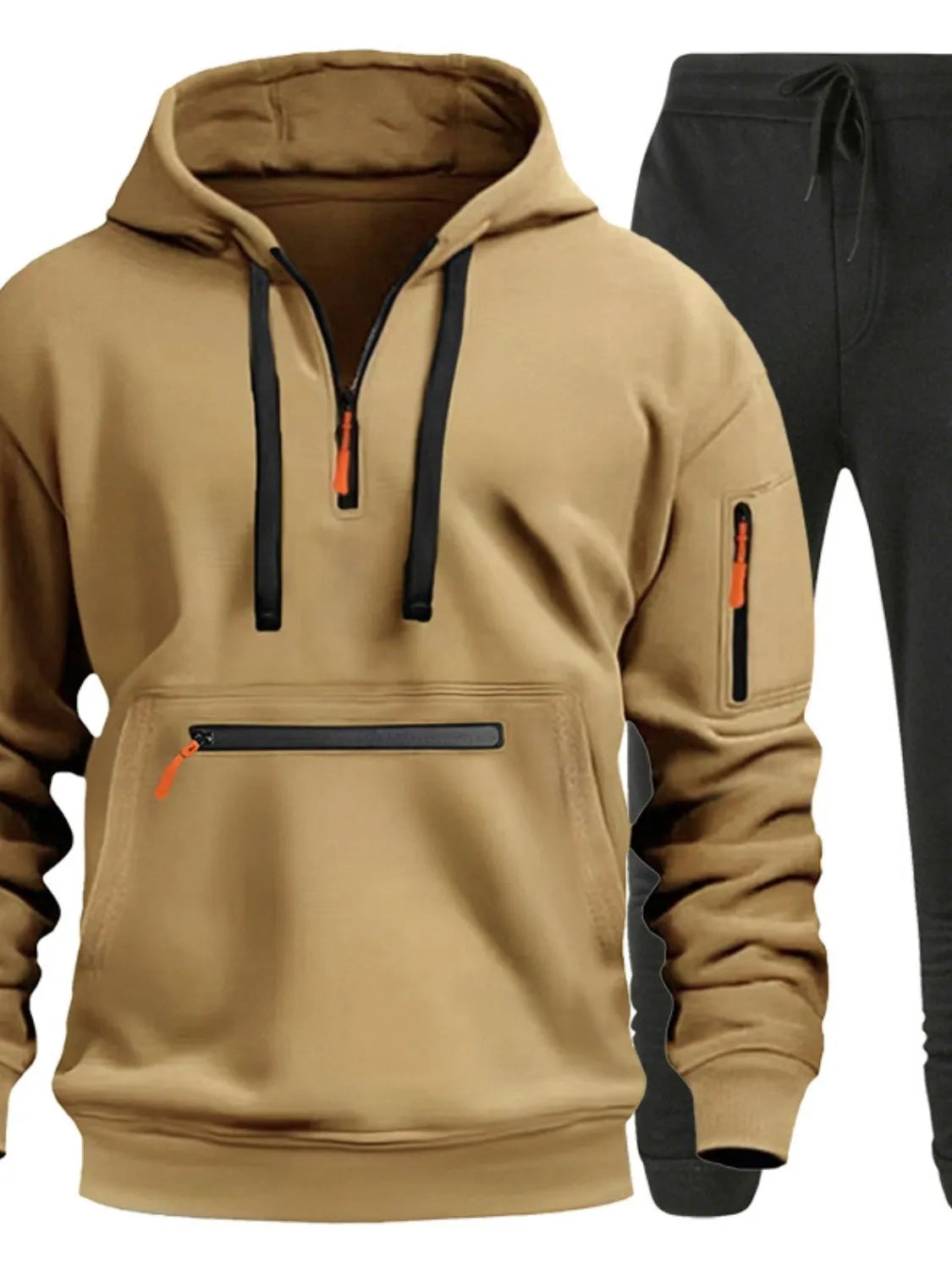 Front view of Men's Drawstring Half Zip Hoodie and Pants Set in Khaki.