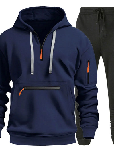 Front view of Men's Drawstring Half Zip Hoodie and Pants Set in Peacock Blue.