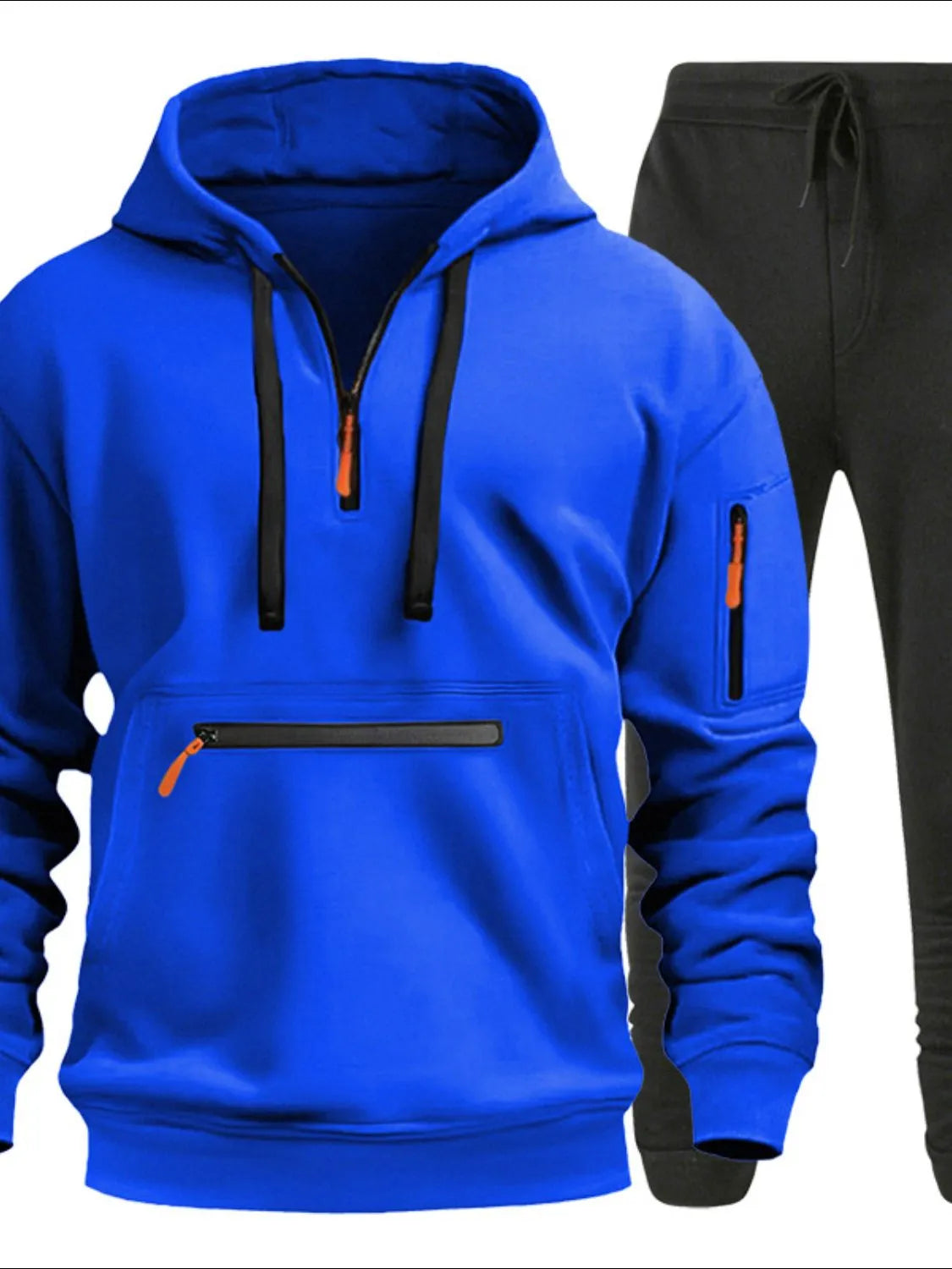Front view of Men's Drawstring Half Zip Hoodie and Pants Set in Royal Blue.