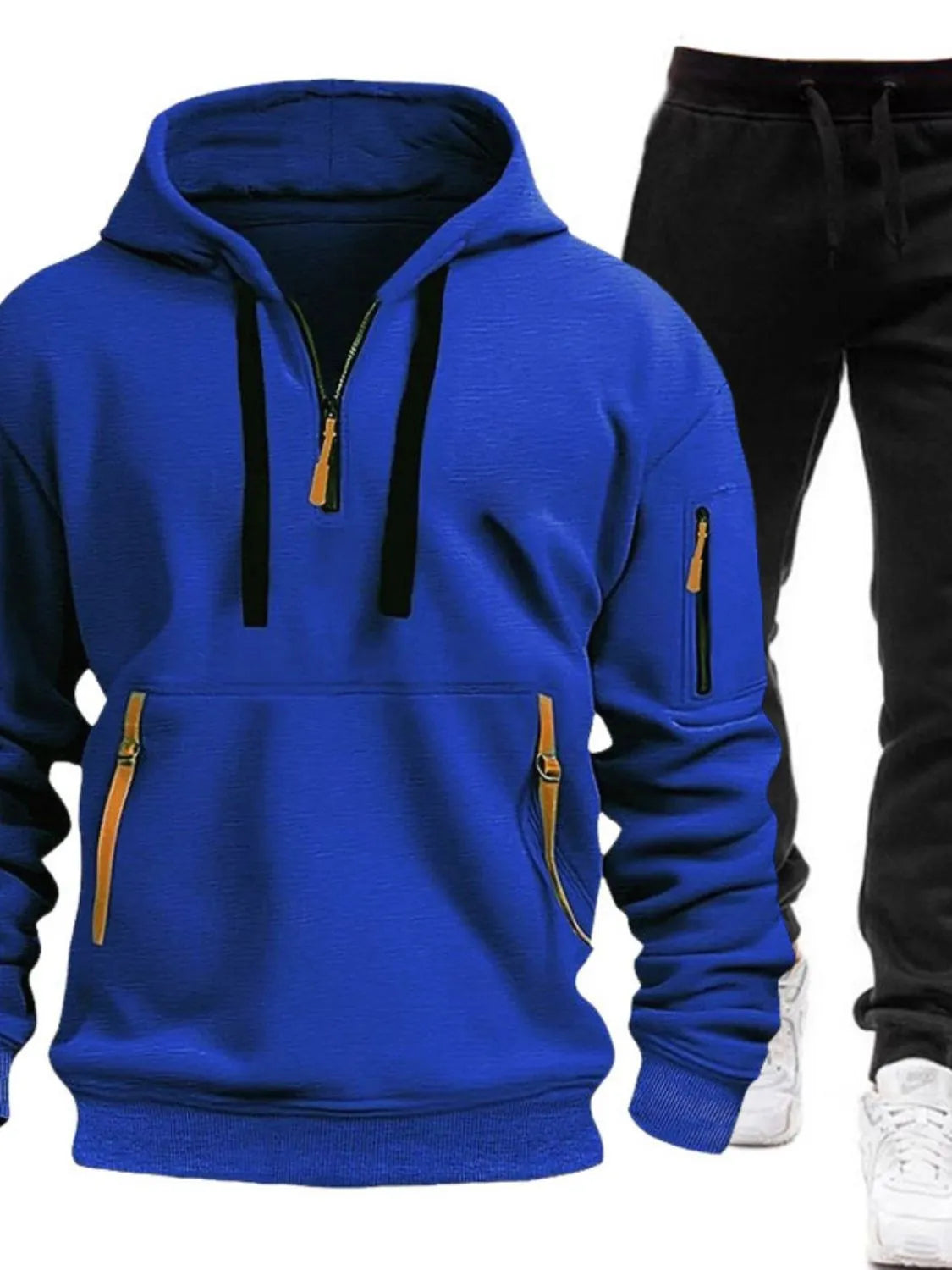 Front view of Men's Drawstring Half Zip Hoodie and Pants Set in Royal Blue.