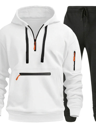 Front view of Men's Drawstring Half Zip Hoodie and Pants Set in White.