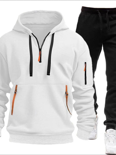 Front view of Men's Drawstring Half Zip Hoodie and Pants Set in White.