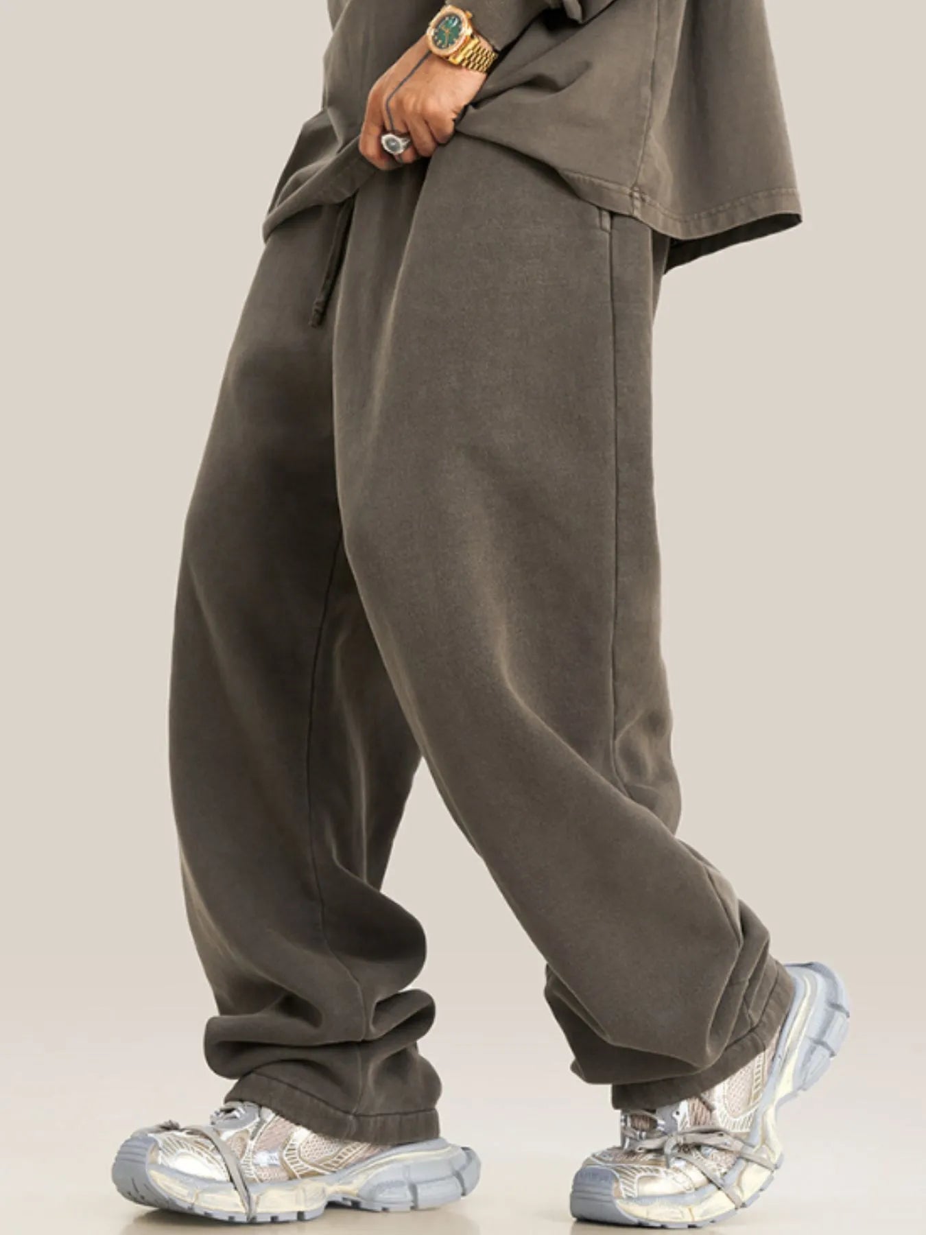 Front view of Men's Drawstring Wide Leg Pants in Black.