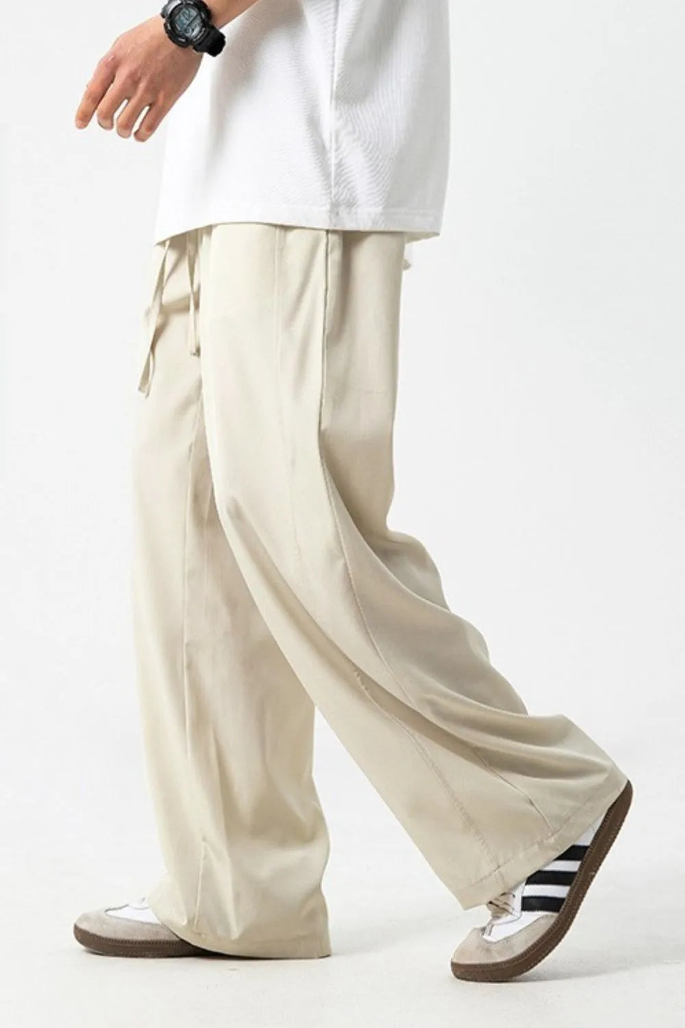 Front view of Men's Drawstring Wide Leg Pants in Ivory.