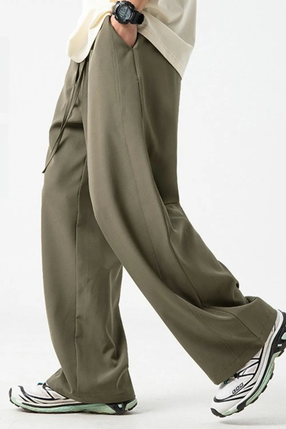 Front view of Men's Drawstring Wide Leg Pants in Sage