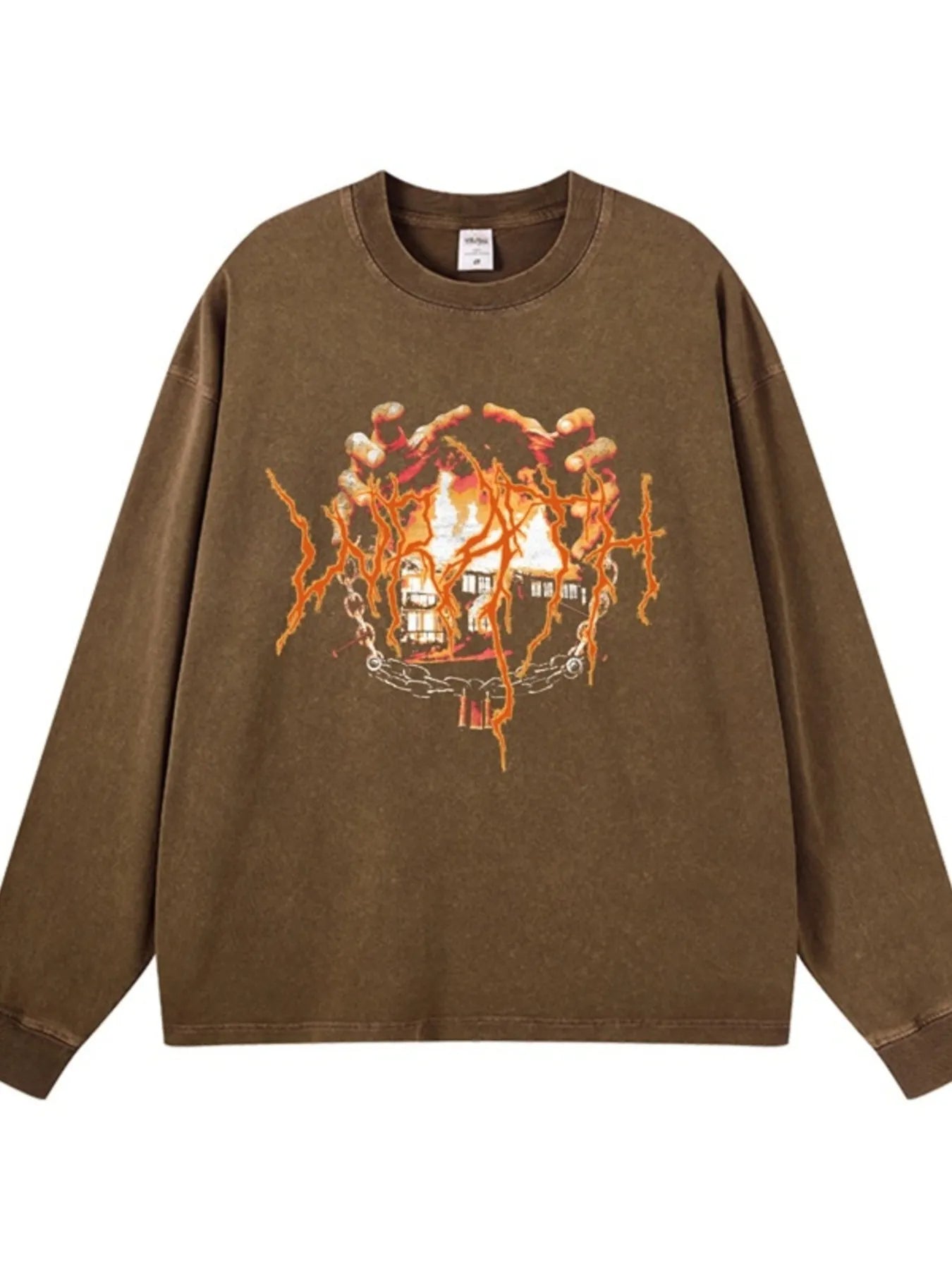 Front view of Men's Graphic Oversized Long Sleeve T-Shirt in Wax Dyed Brown.