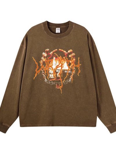 Front view of Men's Graphic Oversized Long Sleeve T-Shirt in Wax Dyed Brown.