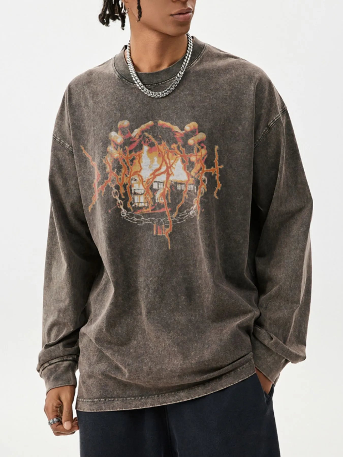 Front view of Men's Graphic Oversized Long Sleeve T-Shirt in Wax Dyed Dark Gray.