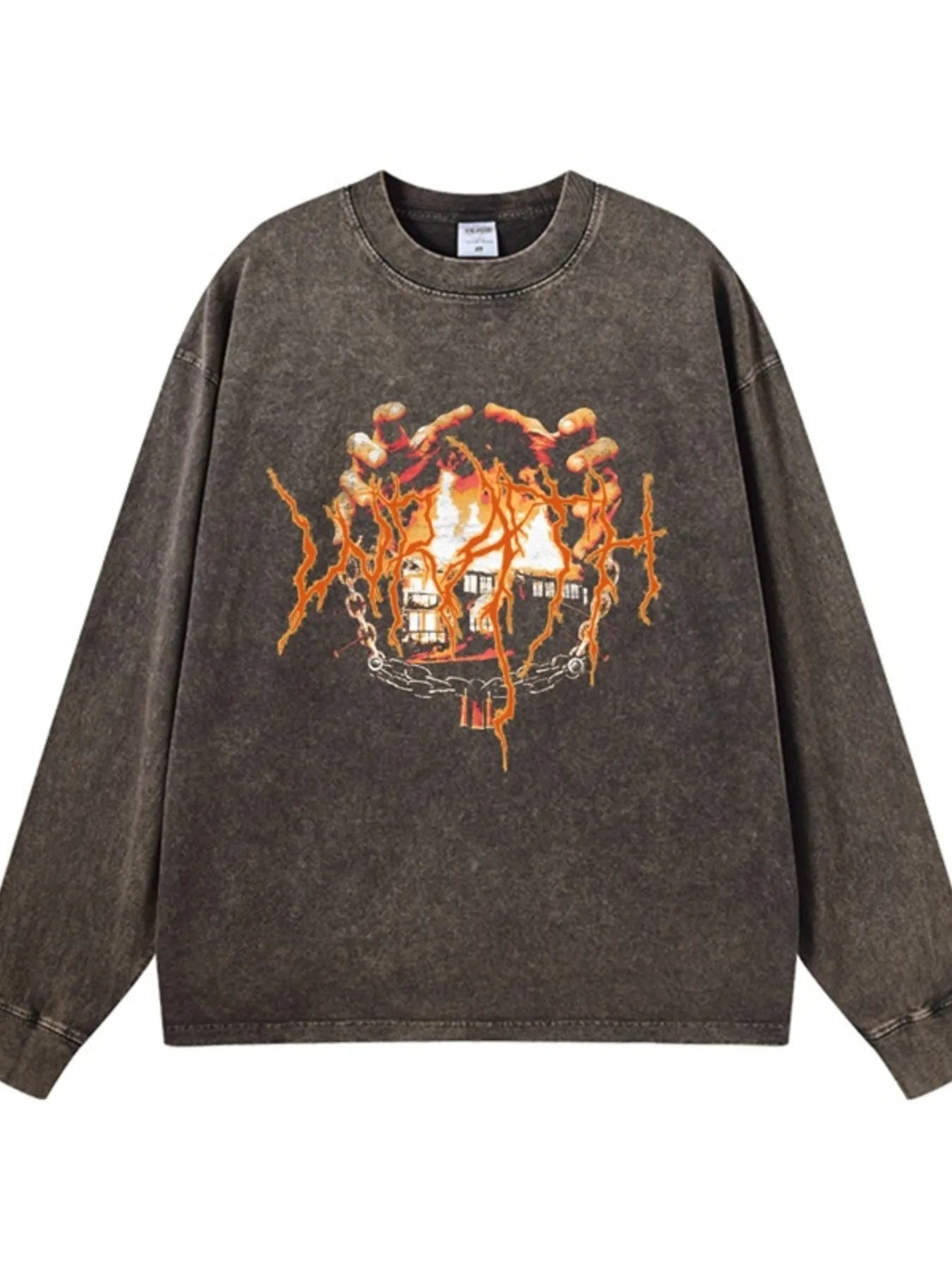 Side view of Men's Graphic Oversized Long Sleeve T-Shirt in Wax Dyed Dark Gray.