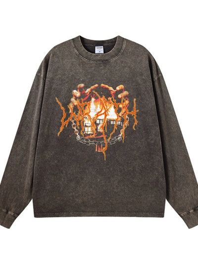 Side view of Men's Graphic Oversized Long Sleeve T-Shirt in Wax Dyed Dark Gray.