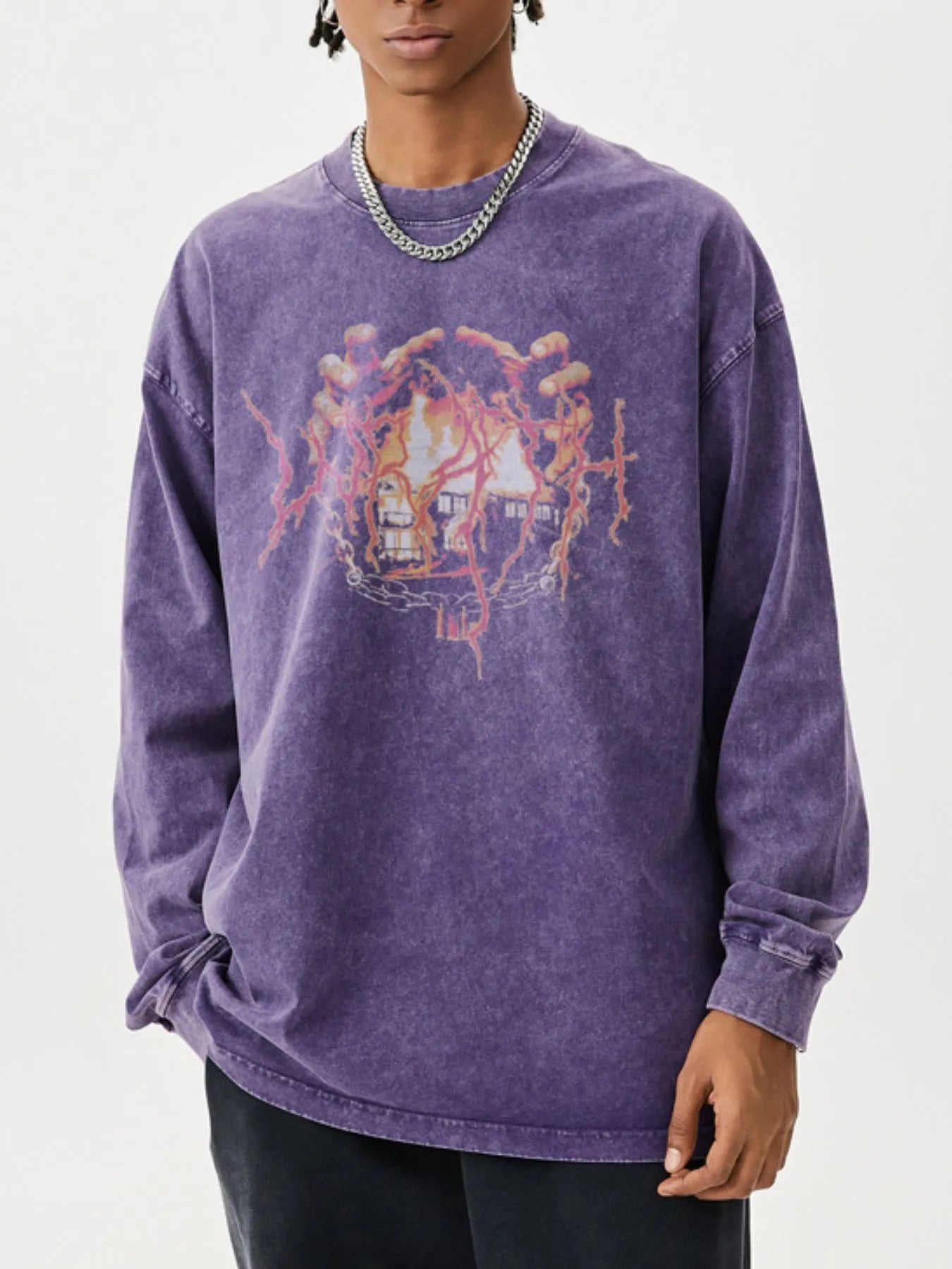 Front view of Men's Graphic Oversized Long Sleeve T-Shirt in Wax Dyed Dark Purple.