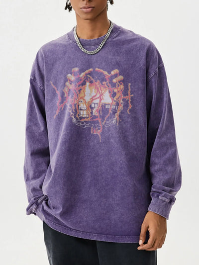 Front view of Men's Graphic Oversized Long Sleeve T-Shirt in Wax Dyed Dark Purple.