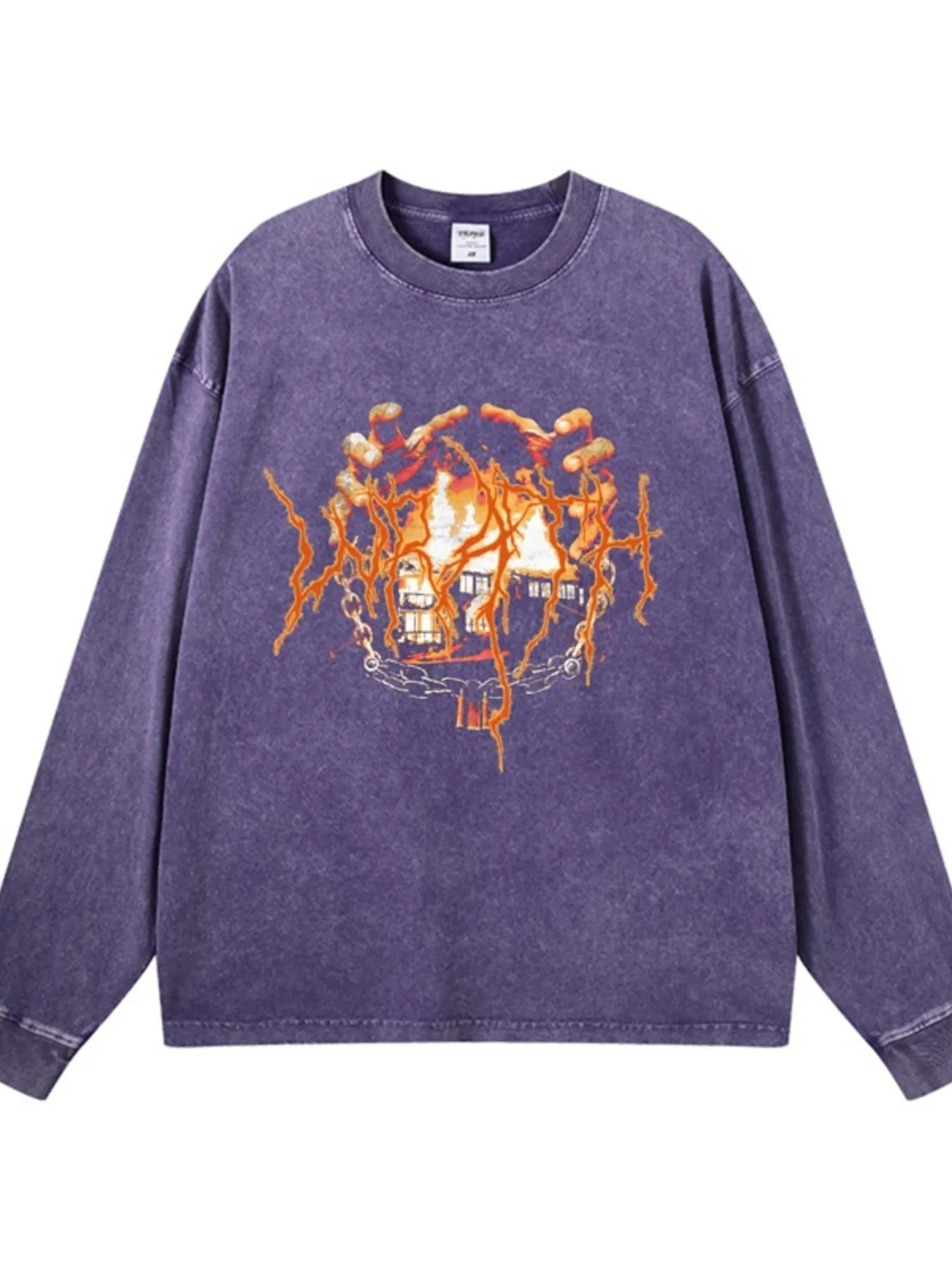 Side view of Men's Graphic Oversized Long Sleeve T-Shirt in Wax Dyed Dark Purple.