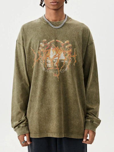 Front view of Men's Graphic Oversized Long Sleeve T-Shirt in Wax Dyed Gray Green.