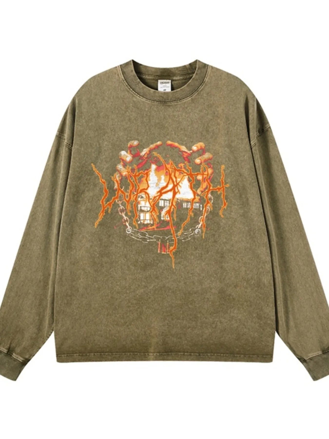 Side view of Men's Graphic Oversized Long Sleeve T-Shirt in Wax Dyed Gray Green.