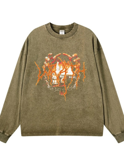 Side view of Men's Graphic Oversized Long Sleeve T-Shirt in Wax Dyed Gray Green.