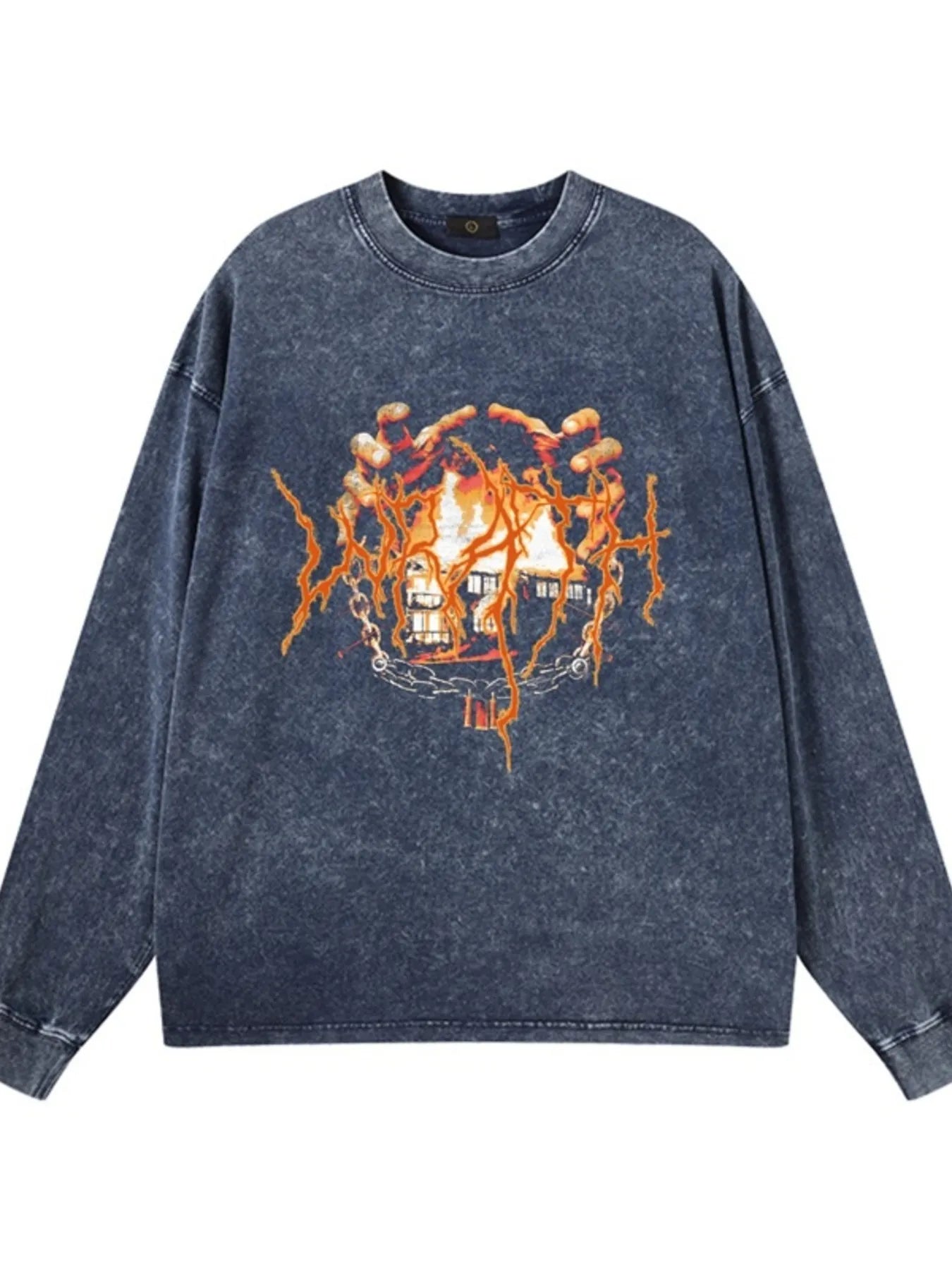 Front view of Men's Graphic Oversized Long Sleeve T-Shirt in Wax Dyed Navy Blue.