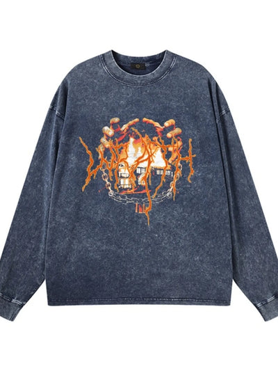 Front view of Men's Graphic Oversized Long Sleeve T-Shirt in Wax Dyed Navy Blue.