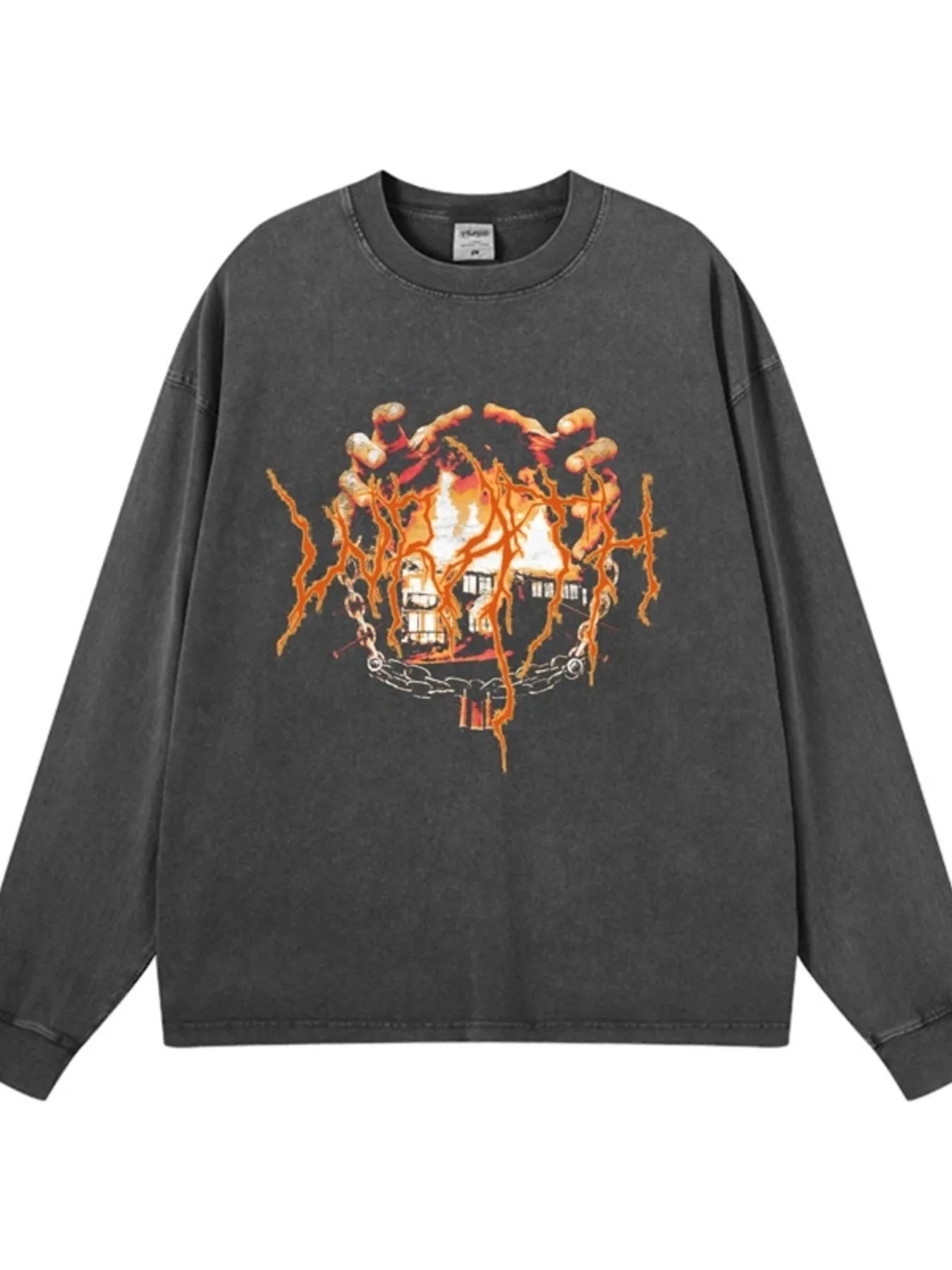 Front view of Men's Graphic Oversized Long Sleeve T-Shirt in Wax Dye Powder Fried Black.