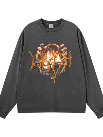 Front view of Men's Graphic Oversized Long Sleeve T-Shirt in Wax Dye Powder Fried Black.