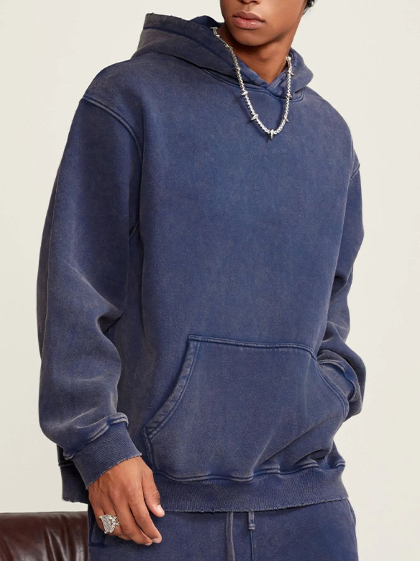 Front view of Men's Kangaroo Pocket Dropped Shoulder Hoodie in Sapphire Blue.