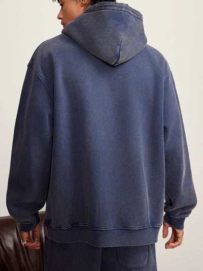 Back view highlighting the design of Men's Kangaroo Pocket Dropped Shoulder Hoodie in Sapphire Blue.