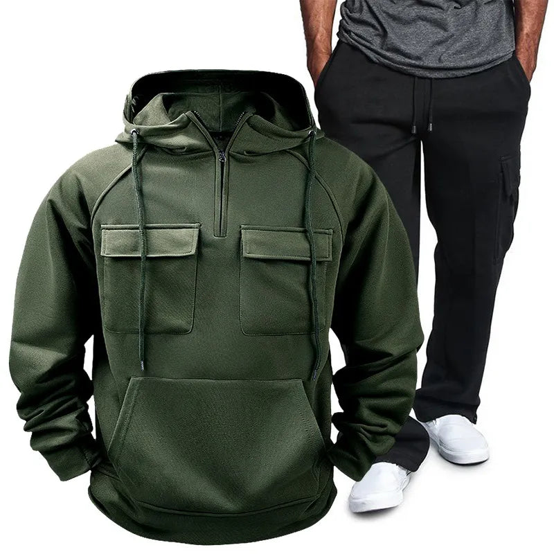 Back view highlighting the design of Men's Pocketed Drawstring Hoodie and Pants Set in Army Green.