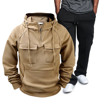 Back view highlighting the design of Men's Pocketed Drawstring Hoodie and Pants Set in Khaki.
