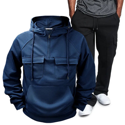 Close-up of the drawstring detail on Men's Pocketed Drawstring Hoodie and Pants Set in Navy.