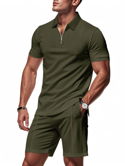 Front view of Men's Quarter Zip Short Sleeve Top and Shorts Set in Army Green.