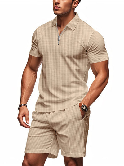 Front view of Men's Quarter Zip Short Sleeve Top and Shorts Set in Beige.