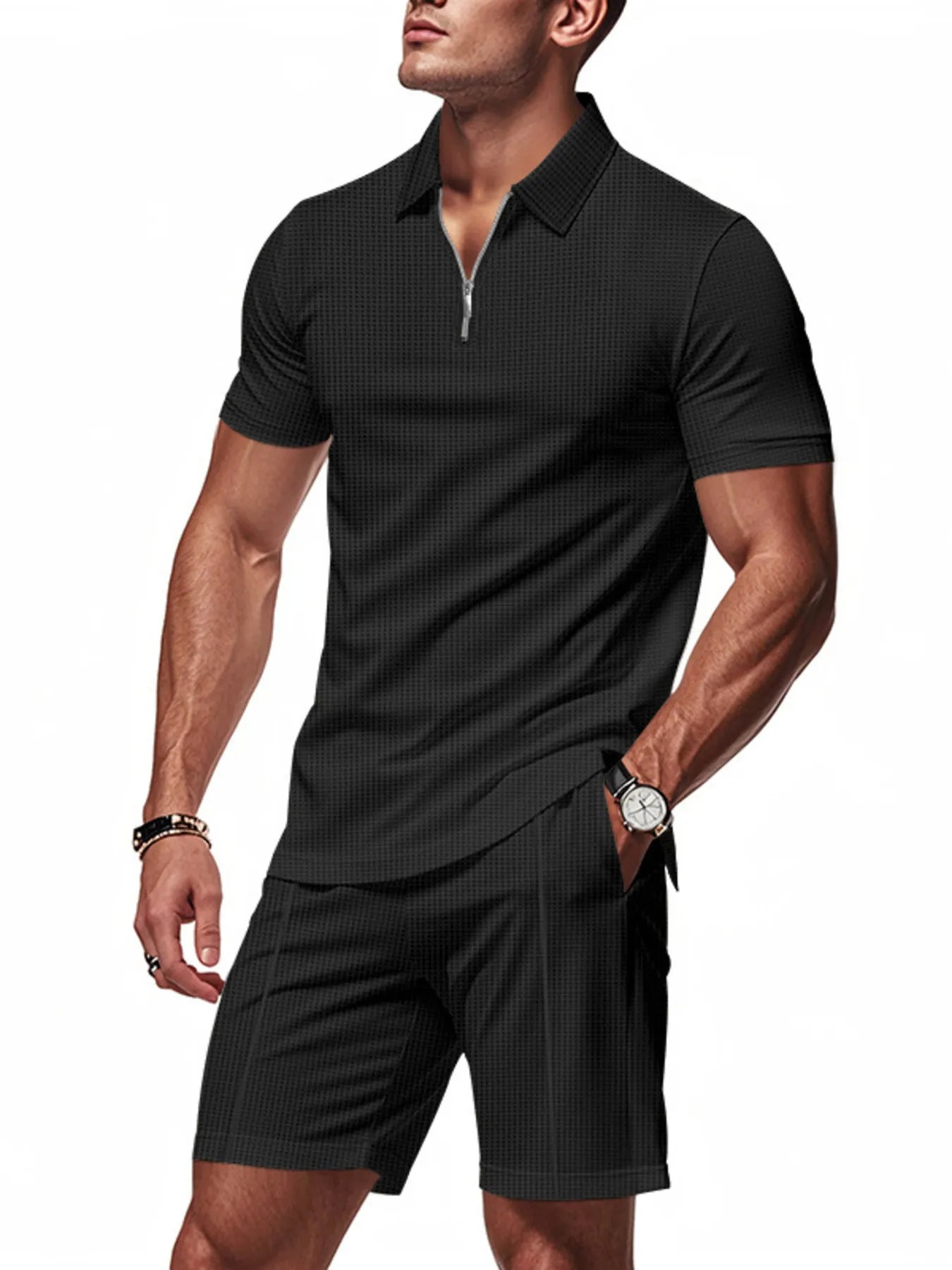 Front view of Men's Quarter Zip Short Sleeve Top and Shorts Set in Black.