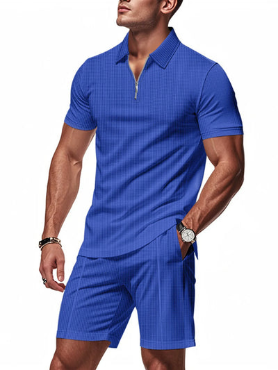 Front view of Men's Quarter Zip Short Sleeve Top and Shorts Set in Dark Blue.