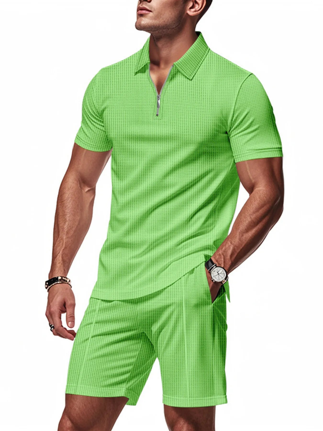 Front view of Men's Quarter Zip Short Sleeve Top and Shorts Set in Green.