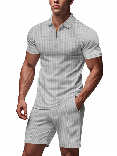 Front view of Men's Quarter Zip Short Sleeve Top and Shorts Set in Grey.
