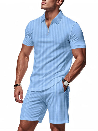 Front view of Men's Quarter Zip Short Sleeve Top and Shorts Set in Light Blue.