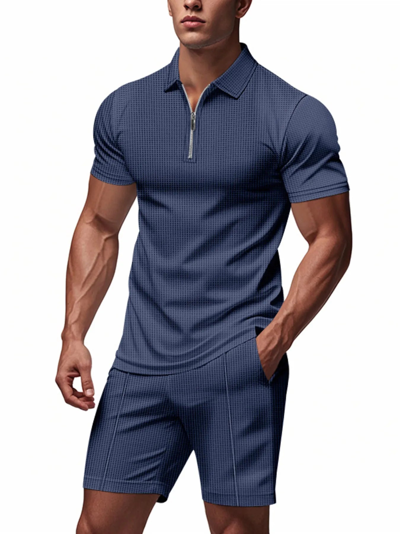 Front view of Men's Quarter Zip Short Sleeve Top and Shorts Set in Navy Blue.