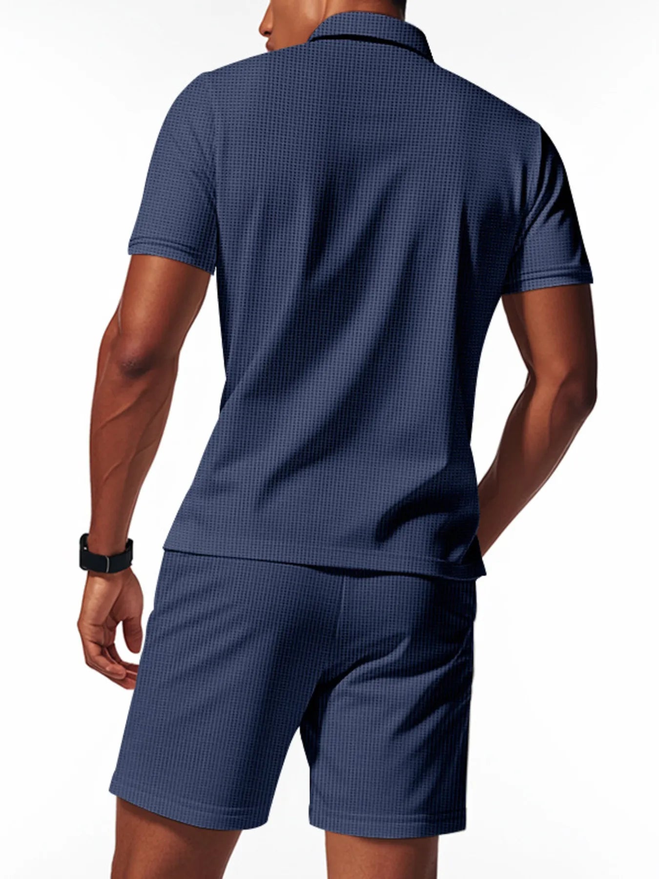 Side view showcasing the fit of Men's Quarter Zip Short Sleeve Top and Shorts Set in Navy Blue.