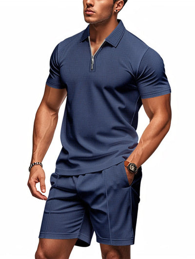 Back view highlighting the design of Men's Quarter Zip Short Sleeve Top and Shorts Set in Navy Blue.