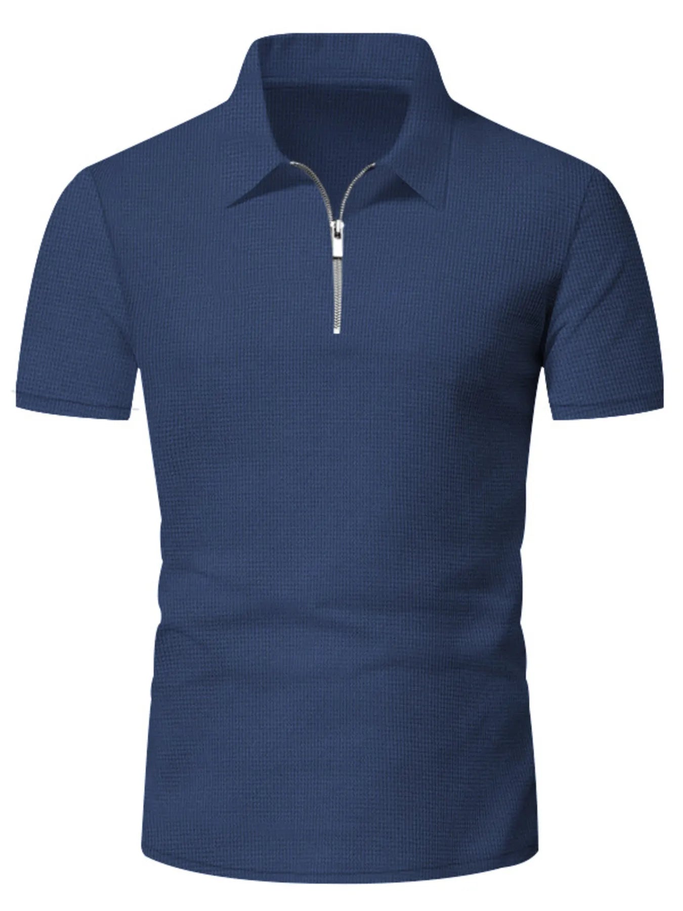 Close-up of the quarter zip detail on Men's Short Sleeve Top in Navy Blue.