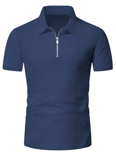 Close-up of the quarter zip detail on Men's Short Sleeve Top in Navy Blue.