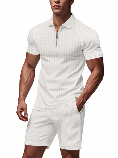 Front view of Men's Quarter Zip Short Sleeve Top and Shorts Set in White.