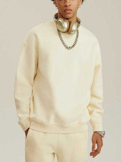 Front view of Men's Round Neck Dropped Shoulder Sweatshirt in Cream.