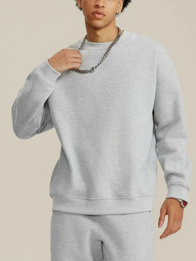 Front view of Men's Round Neck Dropped Shoulder Sweatshirt in White.