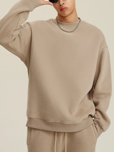 Front view of Men's Round Neck Dropped Shoulder Sweatshirt in Khaki.