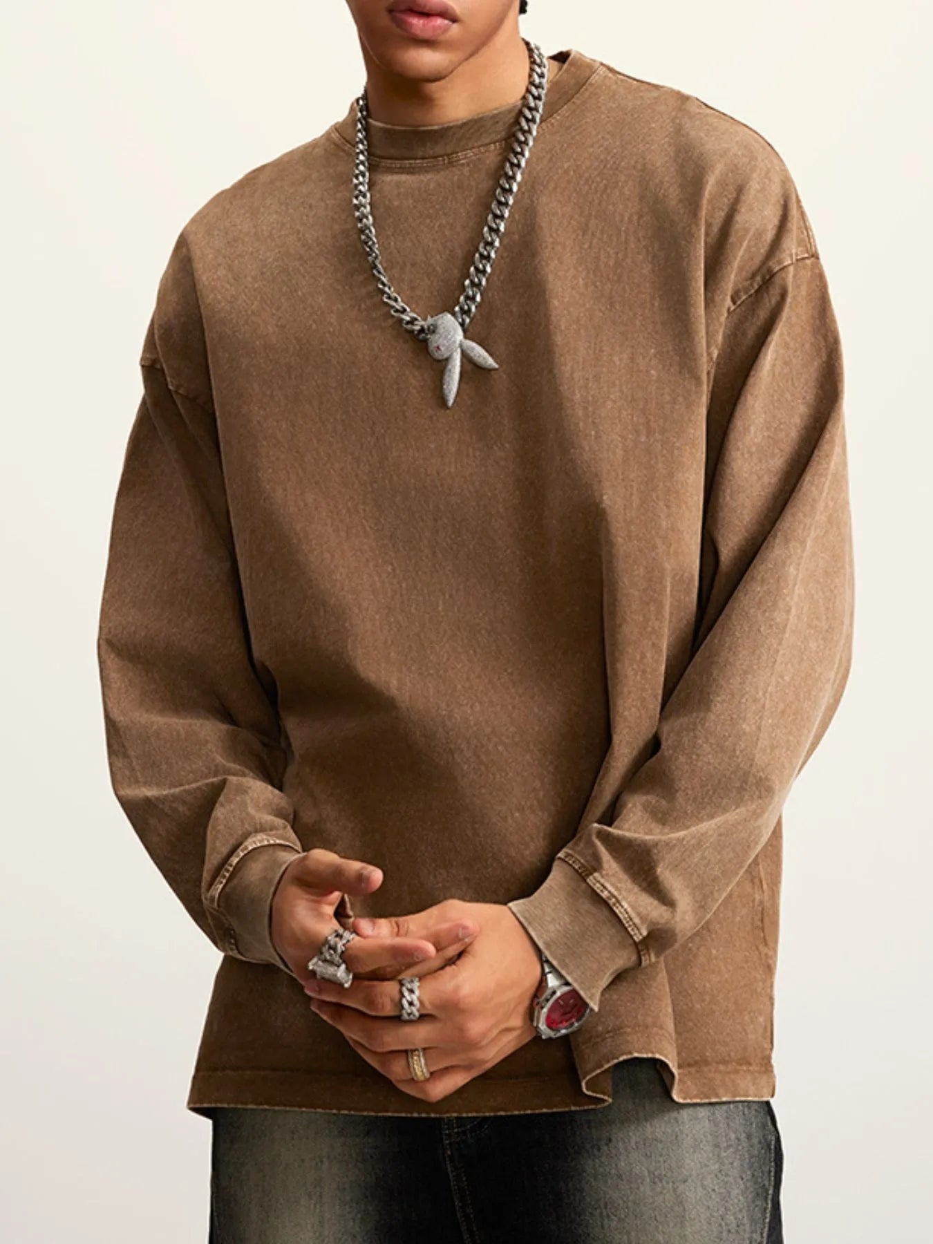 Front view of Men's Round Neck Long Sleeve T-Shirt in Coffee.