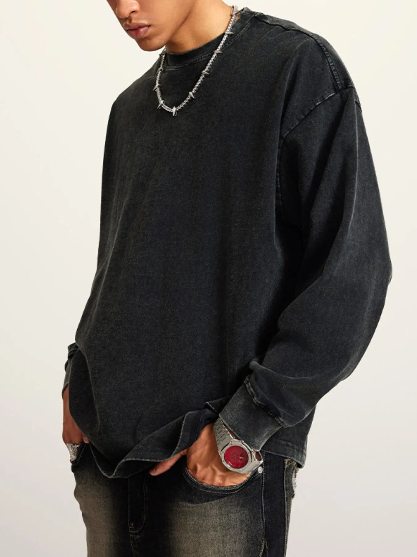 Front view of Men's Round Neck Long Sleeve T-Shirt in Fried Snowflake.