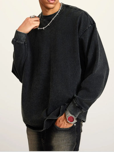 Side view showcasing the fit of Men's Round Neck Long Sleeve T-Shirt in Fried Snowflake.