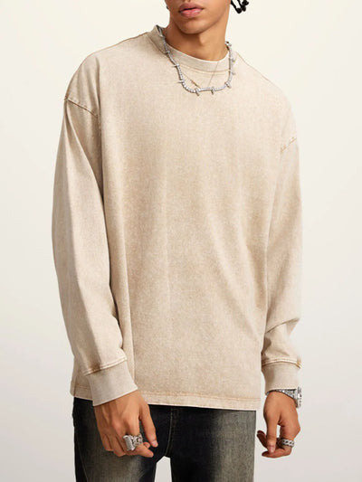 Front view of Men's Round Neck Long Sleeve T-Shirt in Khaki.